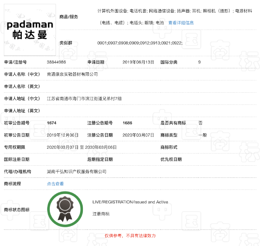 “帕达曼”品牌商标注册成功